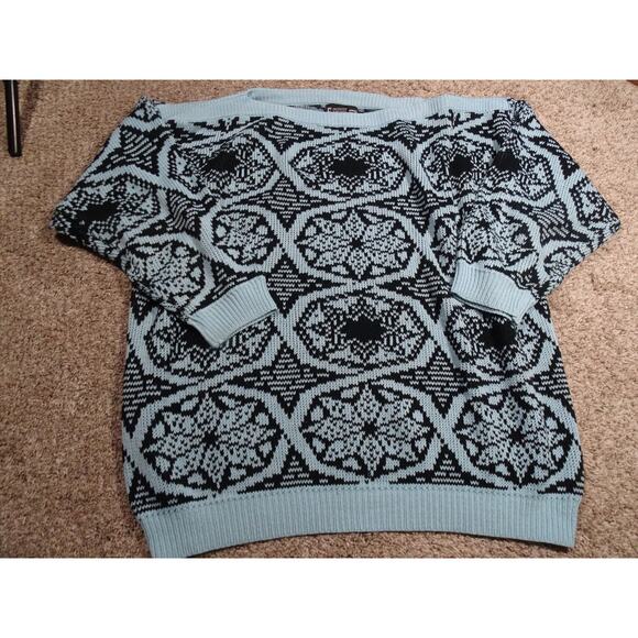 Vtg 80s/90s Sliltra Oversized Black & Teal Geometric Knit Boat Neck Sweater Med - Picture 2 of 10